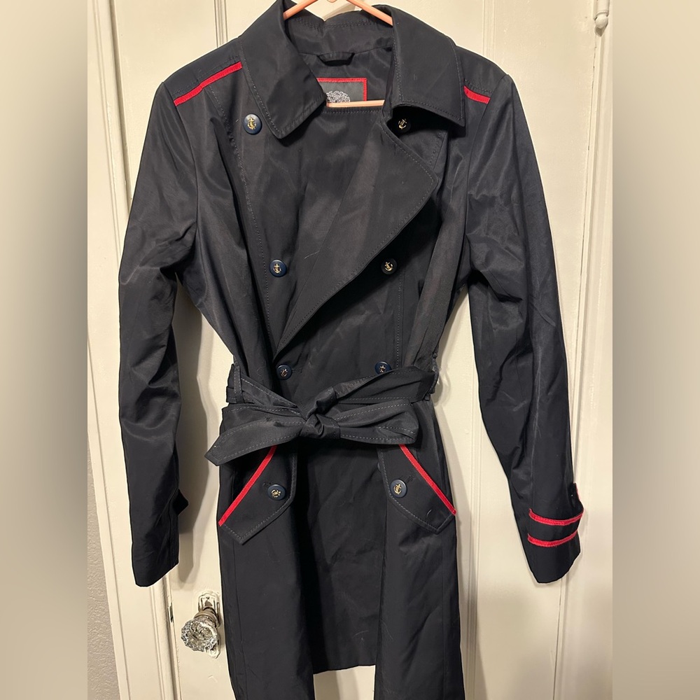 Vince Camuto Navy and Red Trench Coat with Waist Tie Size 16/XL